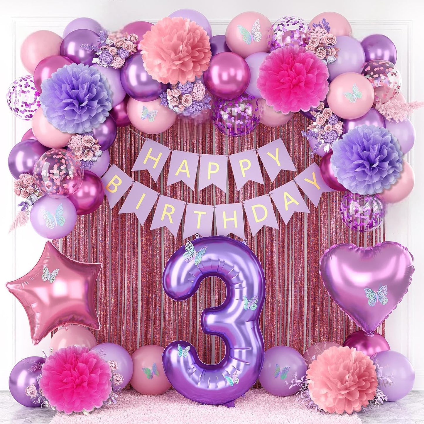 Pink Purple 3rd Birthday Party Decorations for Girls Number 3 Balloon Happy Birthday Banner Butterfly Stickers Fringe Curtain Paper Pom Poms Metallic Hot Pink Star Foil Balloons 3 Year Old Princess