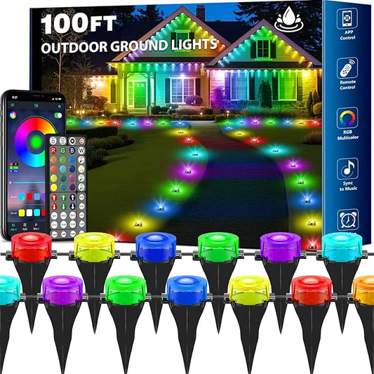 RGB Outdoor Ground Lights, 100Ft Color Changing Pathway Lights with Remote & App Control, Waterproof Walkway Lighting, Wired for Garden Yard Lawn Patio Best for Holiday Party