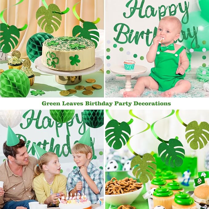 Birthday Decorations, NO DIY, Pre-Strung Happy Birthday Banner with Honeycomb Balls, Hanging Swirls, Circle Dots Garland, Happy Birthday Party Decorations for Women Men Boys Girls (Green)