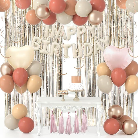 Beige Blush Pink Birthday Decorations for Women Girls with Blush Pink Nude Balloons, Boho Birthday Party Decorations of Cream HB Banner Balloons, Gold Foil Curtain, Heart Balloon