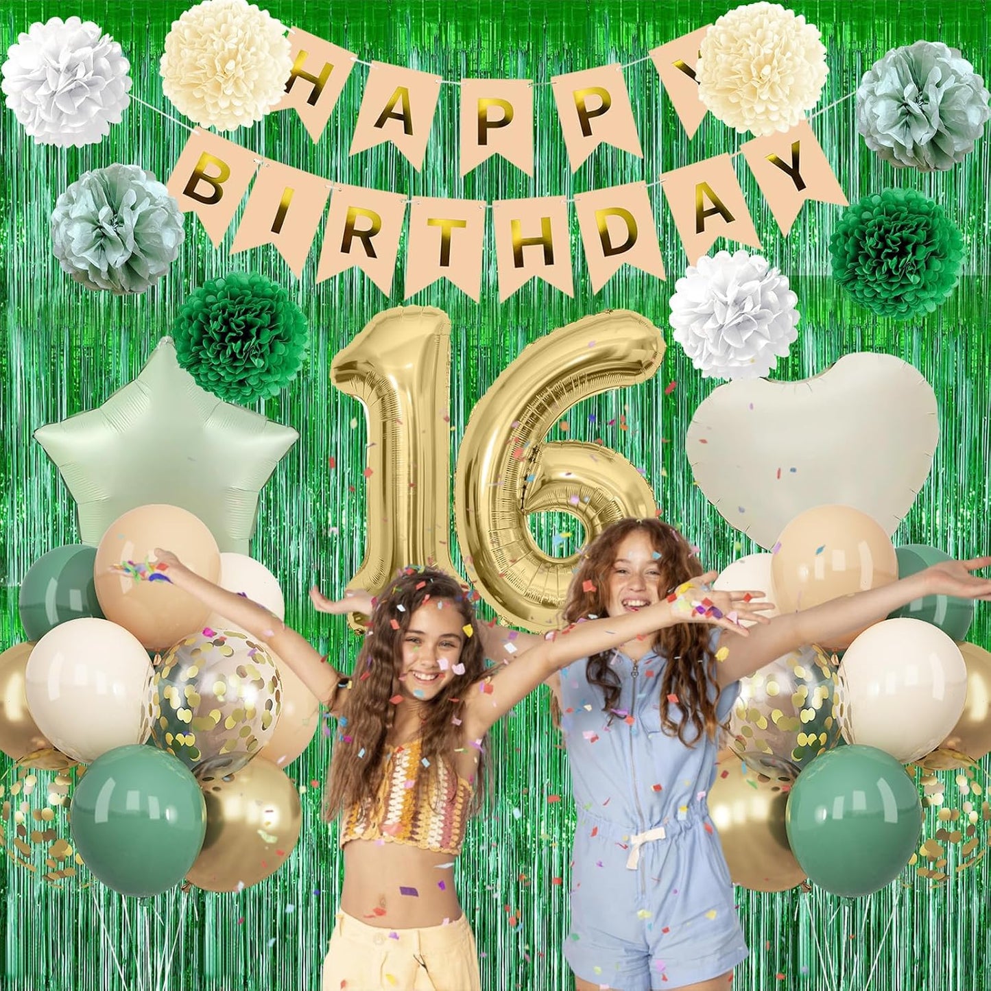 Sage Green 16th Birthday Decorations for Boys Girls Gold Number 16 Balloon Nude Gold Happy Birthday Banner Fringe Curtain Paper Pom Poms Olive Green Cream White Sand Star Foil Balloons Party Decor