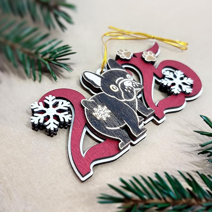 Black French Bulldog 2025 Christmas Ornament – Cute Wooden Dog Tree Decoration with Snowflakes & Paw Prints for Frenchie Lovers, Pet Owner Christmas Décor