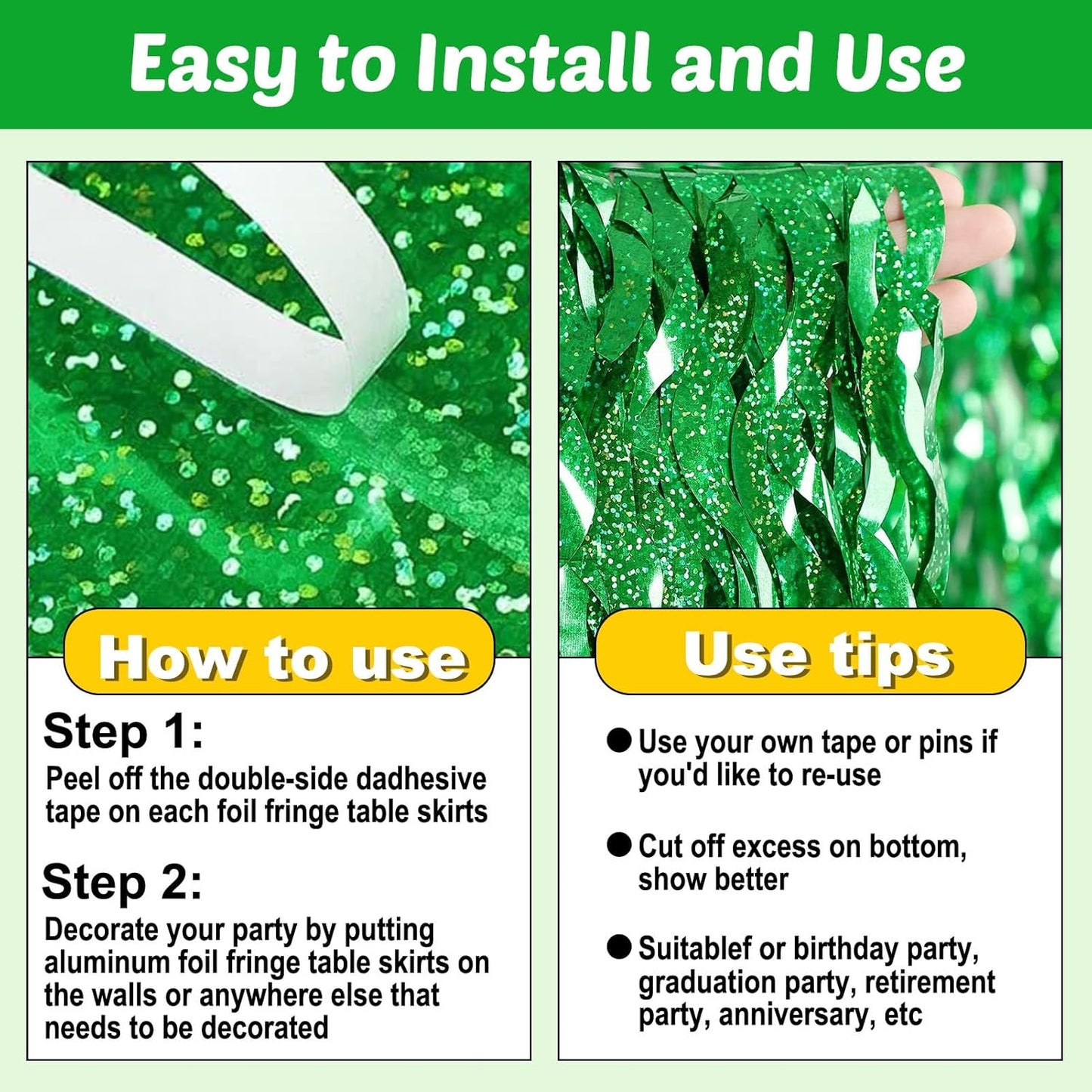 6 Pack 29x108 Inch Green Wave Foil Fringe Table Skirts Metallic Banner for Tinsel Streamer Garland Backdrop for Parade Floats Mother's, Graduate, Mardi Gras, Birthday, Wedding Party Decorations