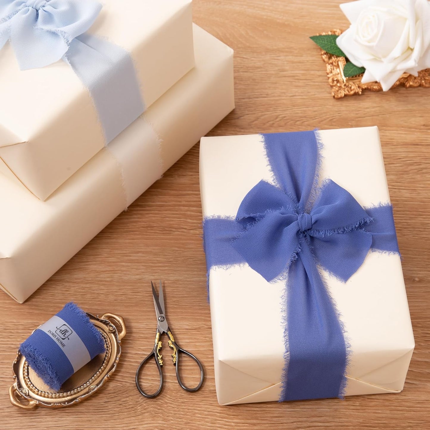 DORIS HOME Electric Blue Chiffon Ribbon for Flower Bouquet, 2" x21Yd Fabric Ribbon for Gift Wrapping, Handmade Frayed Ribbon for Wedding, Chiffon Silk Ribbon for Christmas Decorations