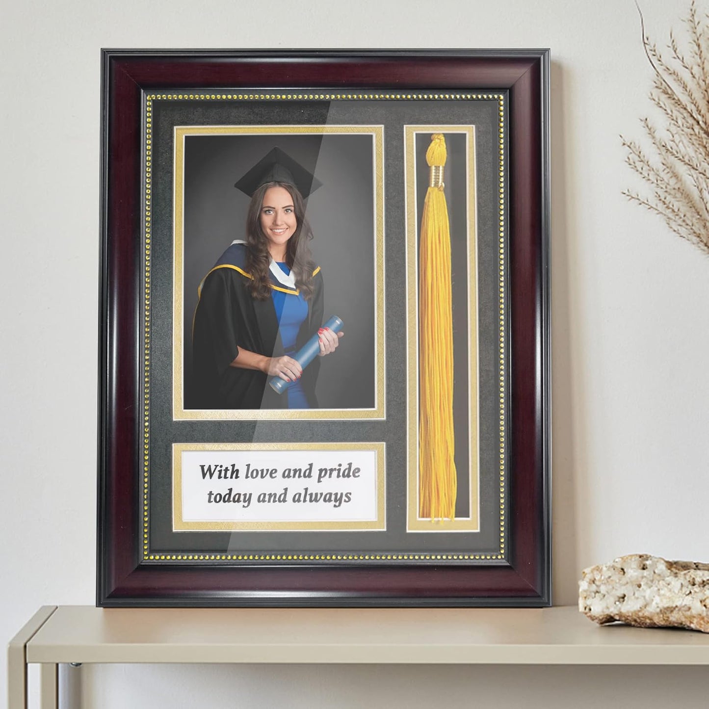 GraduationMall Graduation Photo Shadow Box Frame with Tassel Holder for 5x7 Pictures,Real Glass,Black over Gold Double Mat,Wall & Tabletop Design