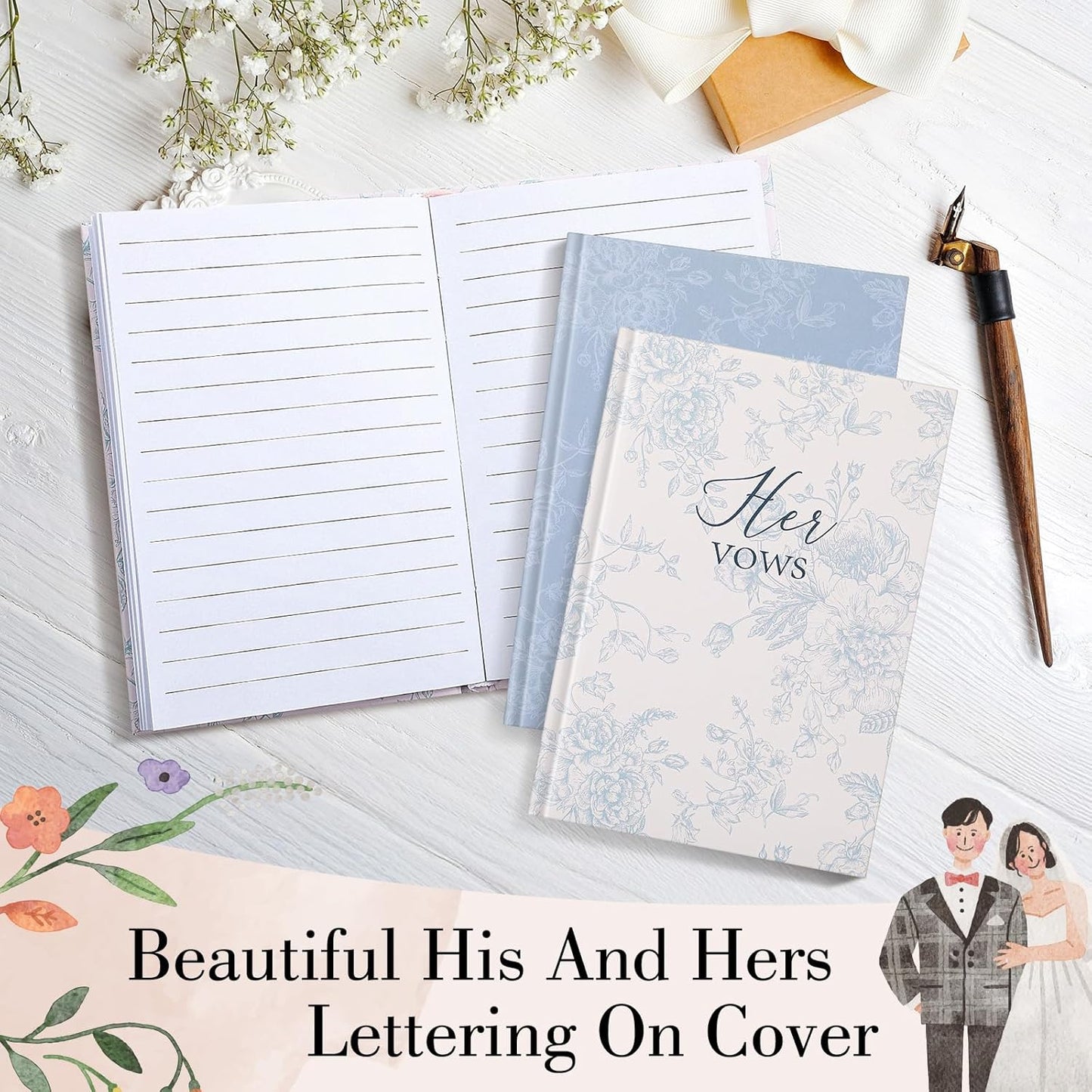 Set of 2 Vow Books His and Hers, Wedding Vow Books (6.06x4.17) Wedding Keepsake Essentials Elegant Bridal Shower Ceremony Gift Elopement Essentials(Blue,Floral)