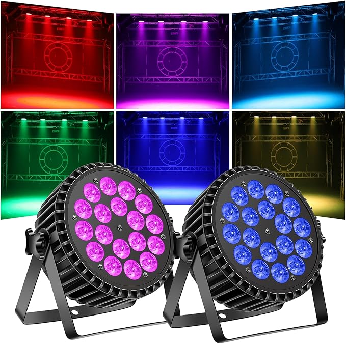 Par Can Lights Stage Lights, 18LED 180W RGB+UV Uplights Stage Lighting Effect by DMX and Sound Control Stage Lighting for Halloween Party Bar Disco DJ Live Show Wedding (2 Packs)