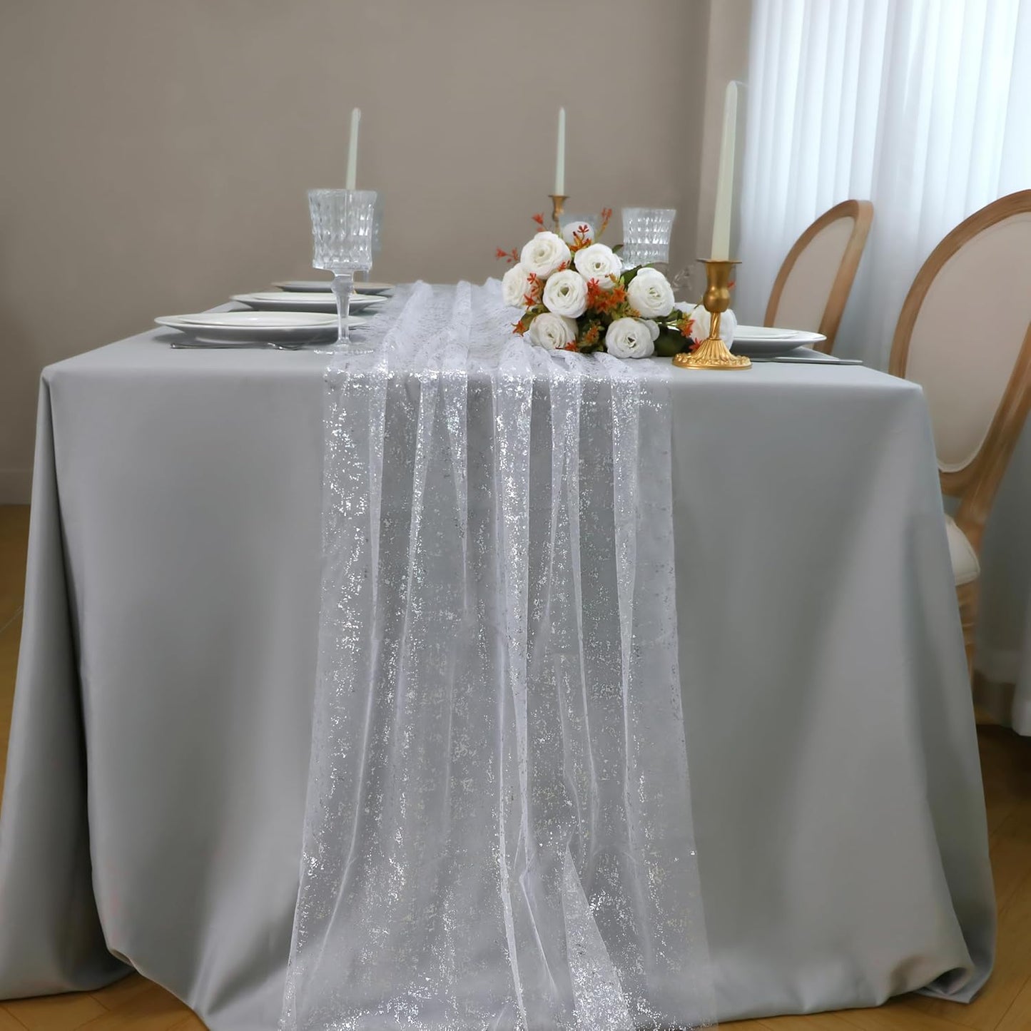 Snowkingdom 10 Pcs 10 FT Silver Table Runners, Sheer Chiffon Gauze Cheesecloth Runner, Sequin Glitter Silver Party Table Decoration Centerpieces for Wedding Christmas Birthday Bridal Baby Shower