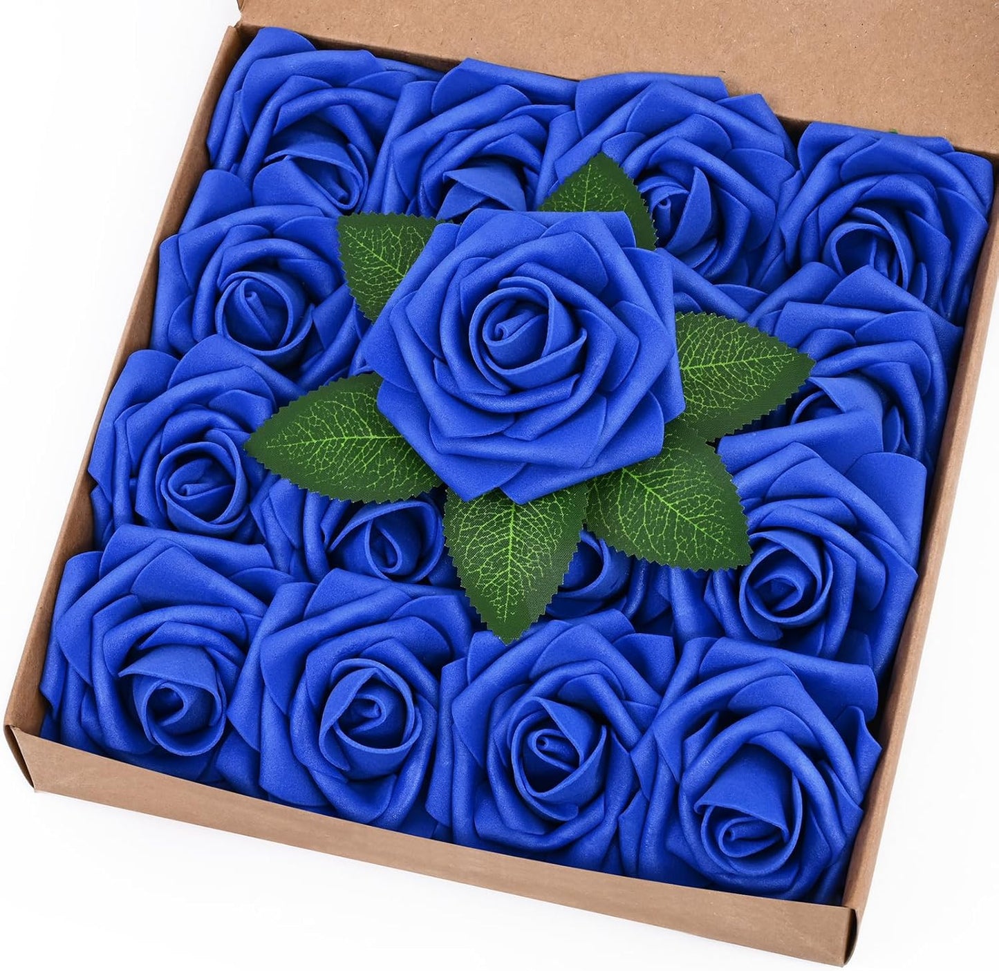 BLEUM CADE 16Pcs Artificial Flowers Fake Roses with Stems, Royal Blue Boxed Foam Roses for DIY Bouquets Centerpieces Wedding Party Arrangement Bridal Shower Decor