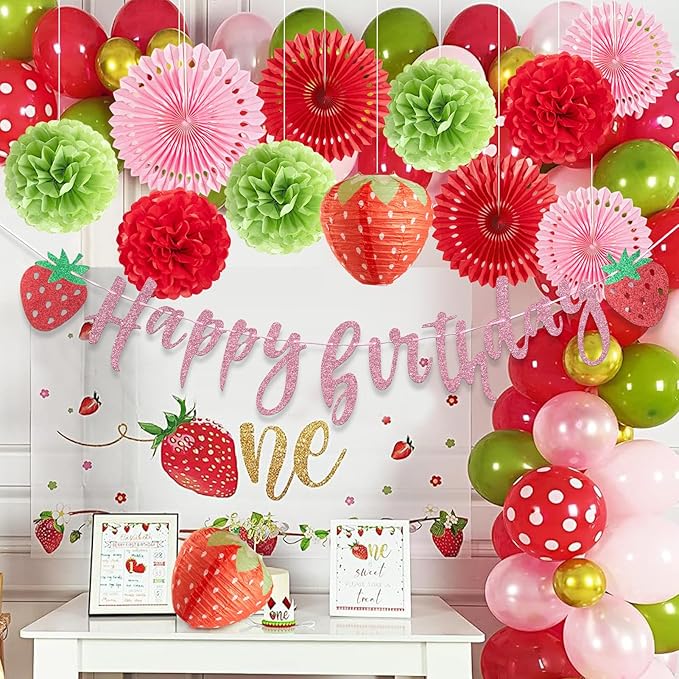 SUNBEAUTY Strawberry Birthday Party Decorations: Strawberry Shortcake Themed Decor for Birthday, Baby Shower; Paper Material; Includes Banner, Lanterns, Fans, Pom Poms
