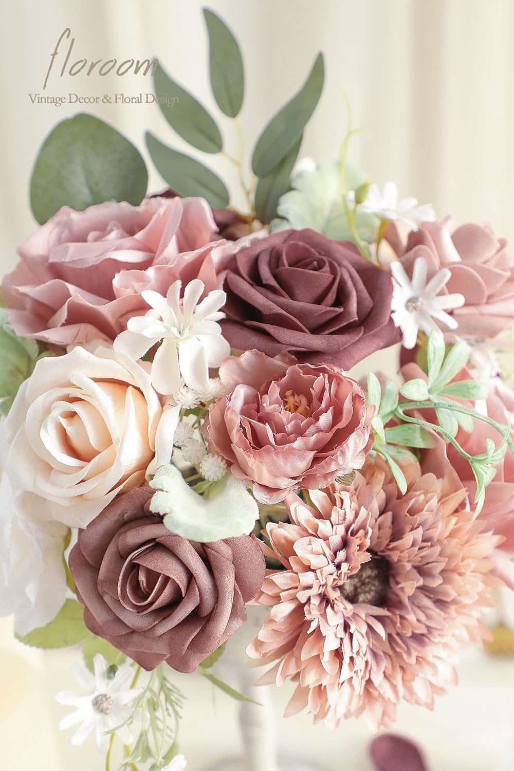 Floroom Dusty Rose Mauve Artificial Flowers Fake Roses Peony and Greenery Combo Box Set for DIY Wedding Bouquets Bridal Shower Centerpieces Floral Arrangements Party Tables Home Decorations