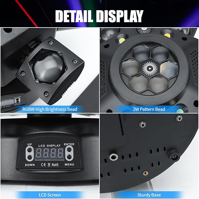 Moving Head DJ Light, 150W RGBW Party Light Remote DMX512 Control Sound Activated 6 Arms Stage Effect for DJ Stage Party Bar Disco Show Club Wedding