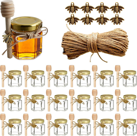 Adabocute Honey Pot, Mini Honey Jars with Dipper, Glass Honey Jars Baby Shower Favors, Party Favors & Wedding Favors, Gold Lid, Bee Pendants, Gold Organza Bags, 20 Pack 1.5oz