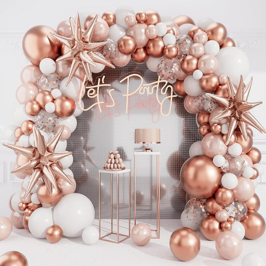 Rose Gold White Balloons Garland Arch Kit,142PCS Metallic Confetti Latex Metal Balloons Aluminum Foil Balloons for Baby Shower Ladies Birthday Wedding Party Decor Supplies
