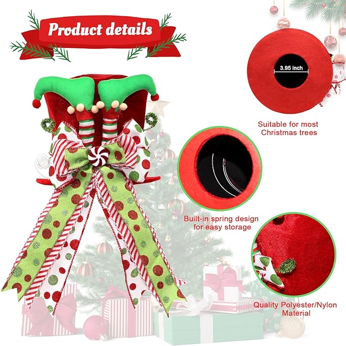 Christmas Tree Topper Hat with Bow, Velvet Top Hat Ornament with Elf Legs and Red & Green Wired Bows, Winter Holidays Xmas Decor for Home Decoration (Red)