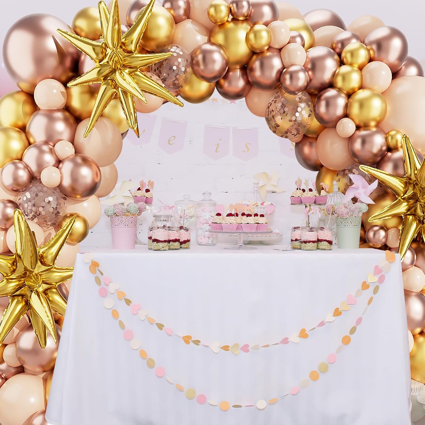 Rose Gold Garland Arch Kit, 142PCS Macaron Orange Confetti Latex Metal Aluminum Foil Balloons for Baby Shower, Ladies Birthday, Wedding Party Decor Supplies