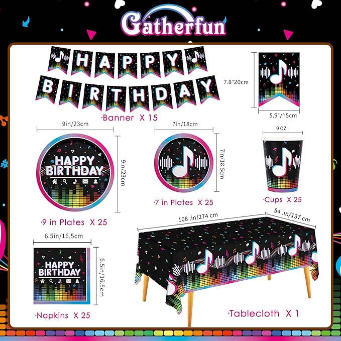 Music Party Supplies Disposable Paper Plates Napkins Cups Tablecloth and Banner for Girls Boys Music Party Birthday Decorations, Serve 25.