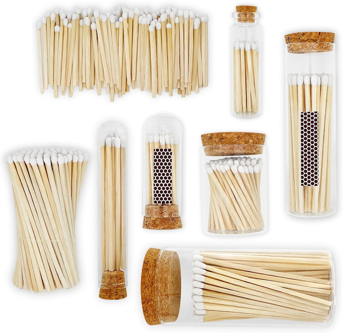 2" Matches in 3 Mini Glass Cloche Jars + Striker Stickers Included | 100 Matchsticks Color of Your Choice | Decorative Safety Matches w/a Dome Glass Holder | Gifts & Home Decor by Thankful Greetings