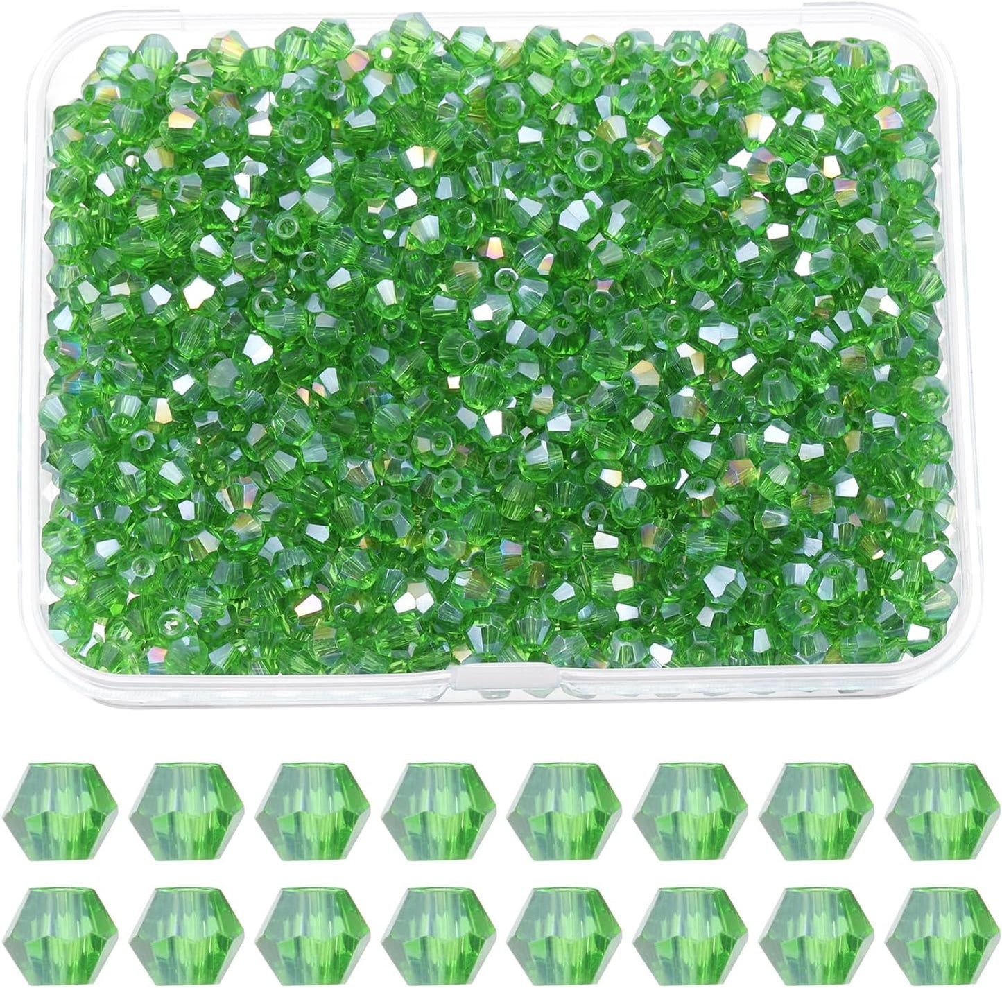 PATIKIL 1000pcs 4mm Bicone Glass Crystal Beads, Faceted Glass Spacer Beads with Box for Jewelry Making Bracelet Necklace Earrings DIY Suncatcher Craft, Grass Green AB