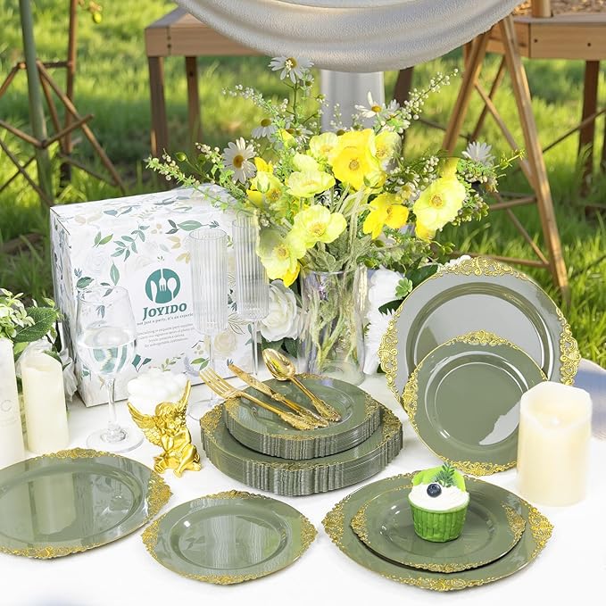 125PCS Olive Green Plastic Plates - Green and Gold Disposable Plates - Vintage Plate with Gold Plastic Silverware Sets for 25 Guests for Wedding & Party