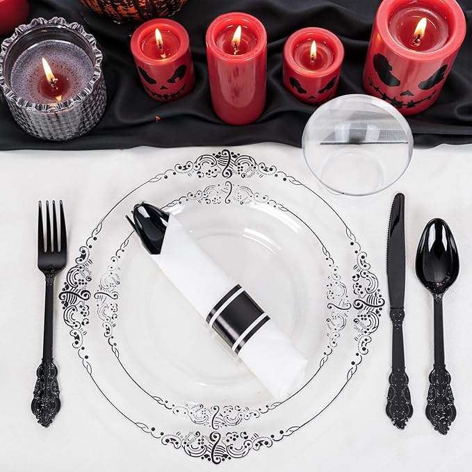 Hioasis 175pcs Clear and Black Plates - Black Party Plates for 25 Guest, Include 50 Heavy-duty Plates(20% Thicker Than Standard), 25 Pre Rolled Gold Plastic Silverware Set, 25 Cups