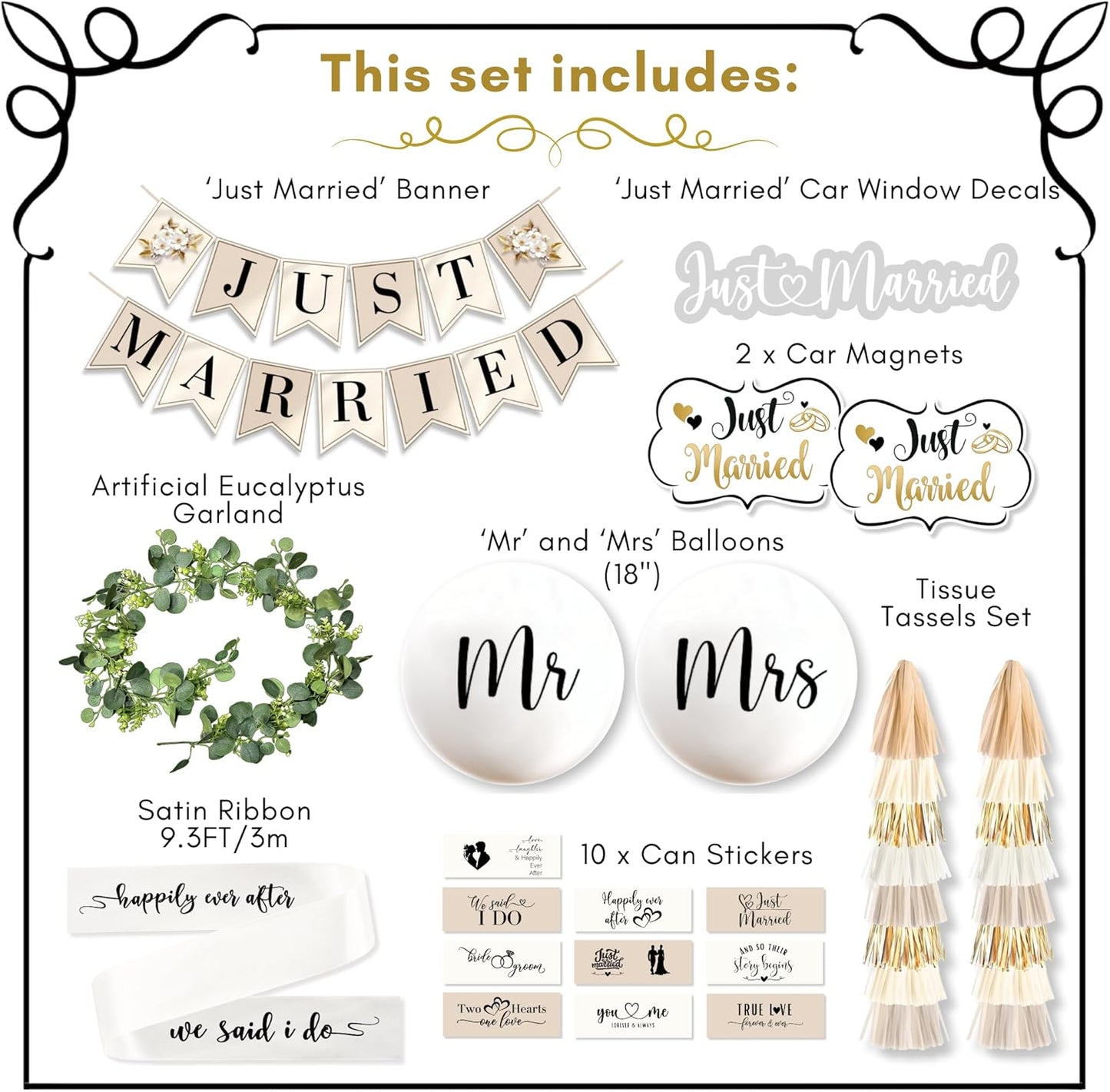 33 Pc Just Married Car Decorations – Wedding Reception & Ceremony Decor – Banners, Stickers & Balloons – Elegant Reusable Wedding Car Kit – Weather-Resistant & Easy to Apply – No Residue