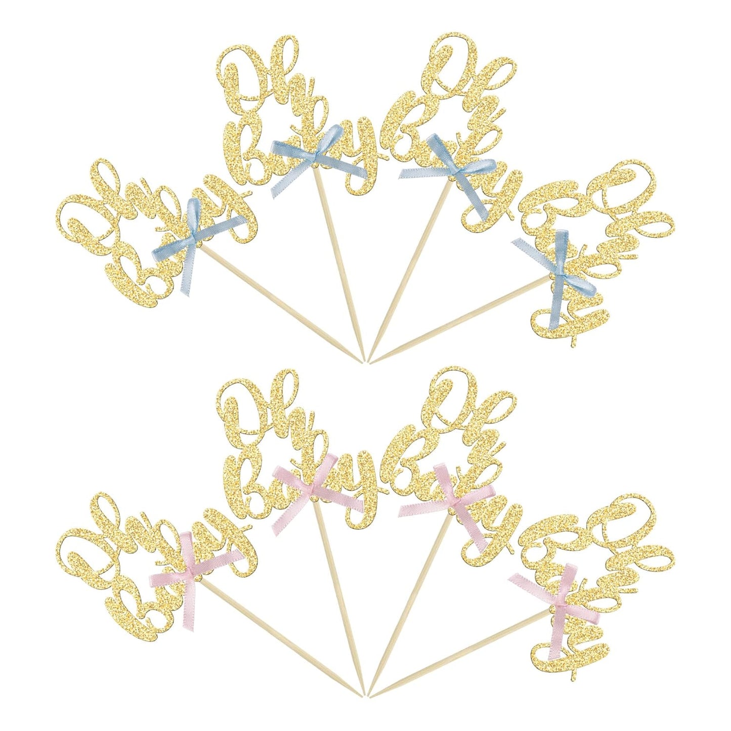Gyufise 36Pcs Oh Baby Cupcake Toppers with Blue Pink Bowknot Gold Glitter Baby Shower Cupcake Picks Gender Reveal Cupcake Topper Decorations for Gender Reveal Baby Shower Kids Birthday Party Supplies