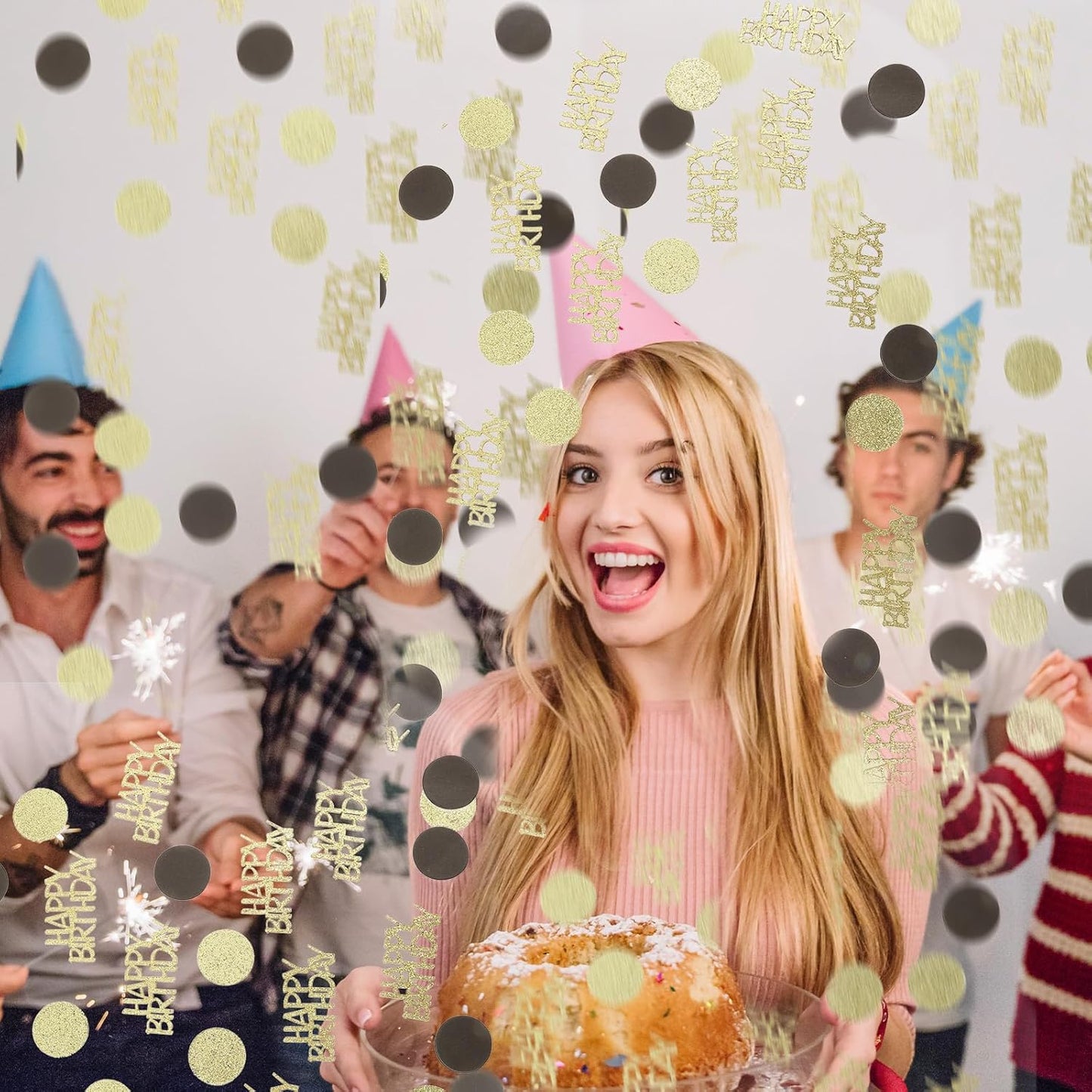 200Pcs Happy Birthday Confetti, Gold Black Birthday Confetti for Table, Metallic Foil Balloon Confettis Scatter Decoration for Party DIY Art Craft