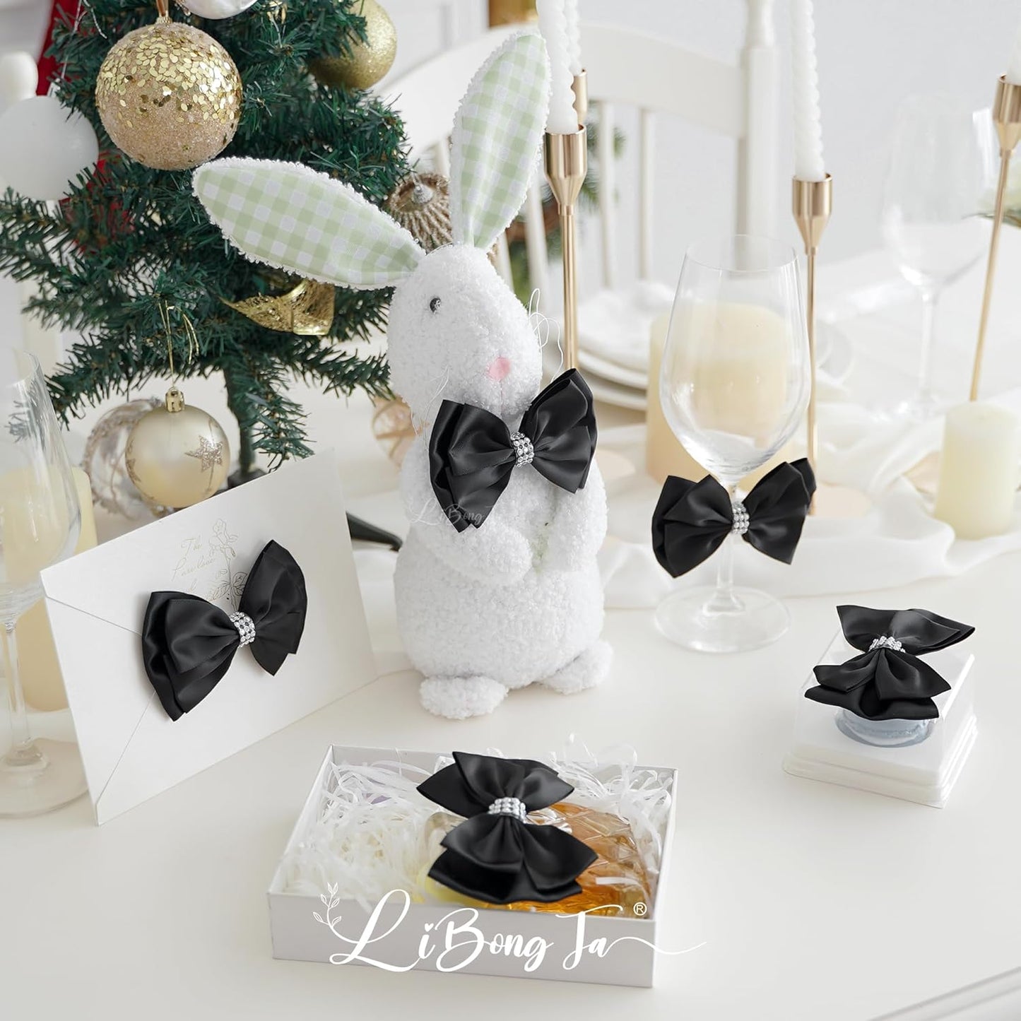 Black Satin Bows 4'' Premade Black Ribbon Bows, Gift Bows with Rhinestone, Wrapping Bows for Presents, Greeting Cards, Treat Bags, Wine Bottles, Valentines Bows for Gift Wrapping-12 Counts