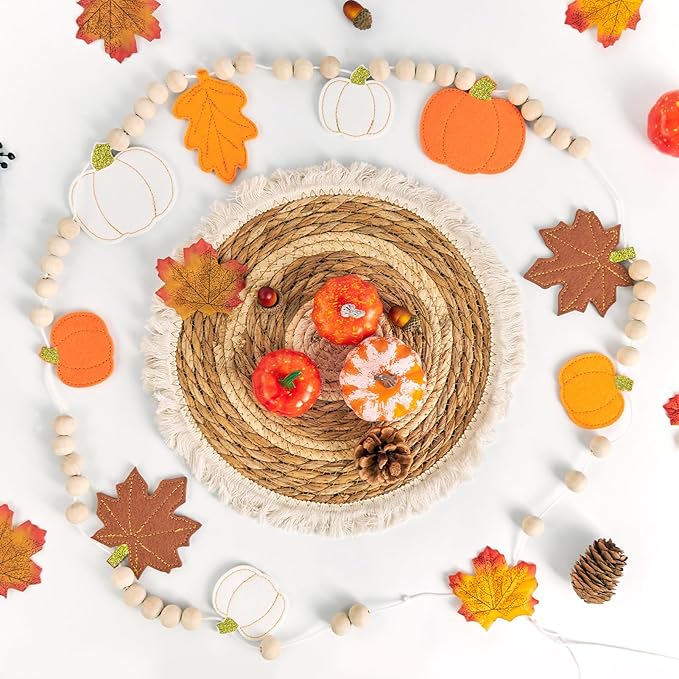 Fall Decorations for Home Felt Pumpkin Garland and Wood Bead Felt Pumpkins Hanging Garland Maple Leaf Banner for Thanksgving Decorations Indoor Fall Harvest Festival Halloween Wall Decor (8.2ft)
