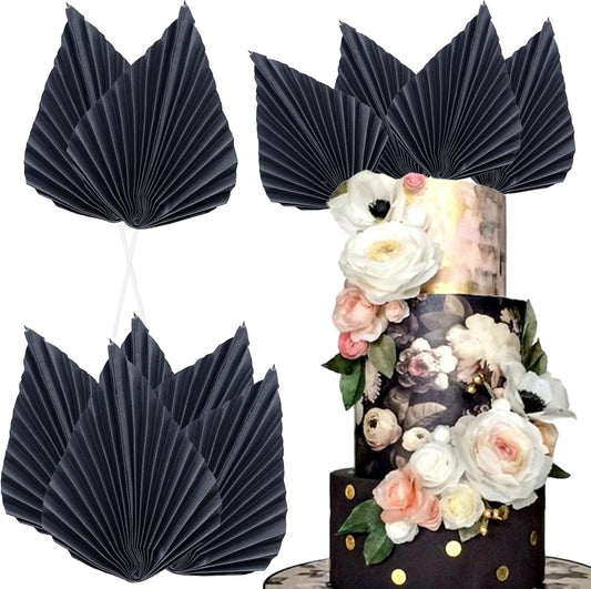 Ephlyn 6Pcs Paper Palm Fan Cake Topper Palm Leaf Fan Cake Pick for DIY Cake Bakeware Baby Shower Wedding Bridal Shower Birthday Anniversary Party Cake Decorations Supplies Black