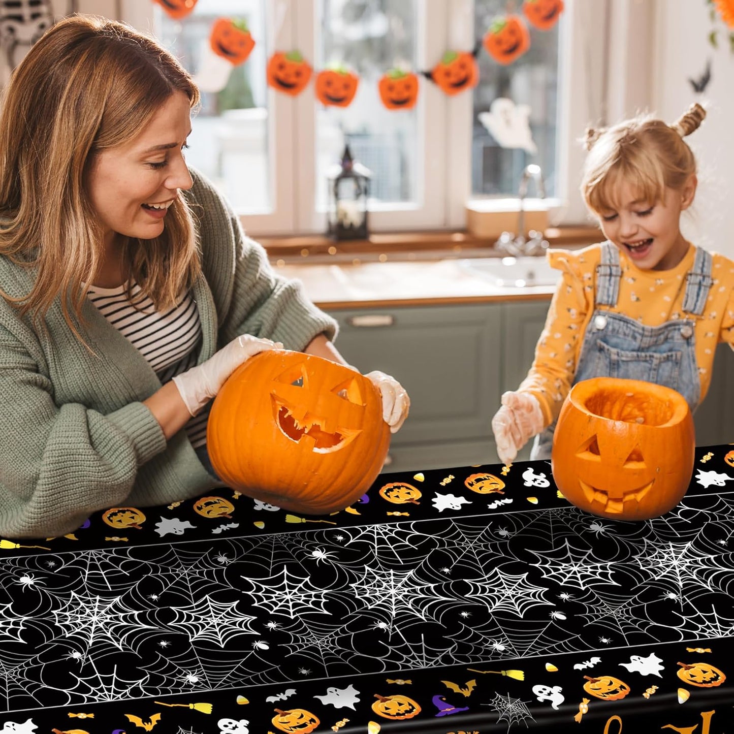 QZYL 4 Pack Halloween Tablecloth, 54" x 108" Halloween Decorations, Pumpkin Design Disposable Tablecover Plastic Table Cloth, Spider Webs Decorations Party Supplies Tableware Indoor