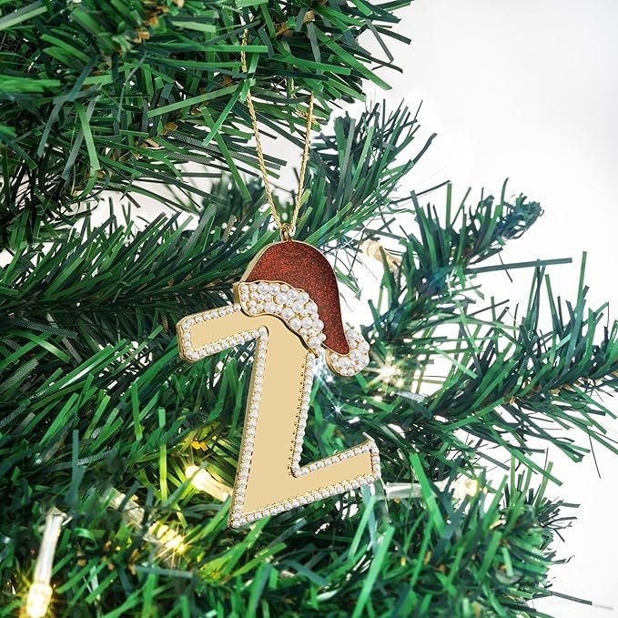2025 Christmas Initial Ornaments, Letter Z Ornaments for Xmas Tree,Hanging Christmas Red Hat Ornament for Mother Best Friends Sister Wife