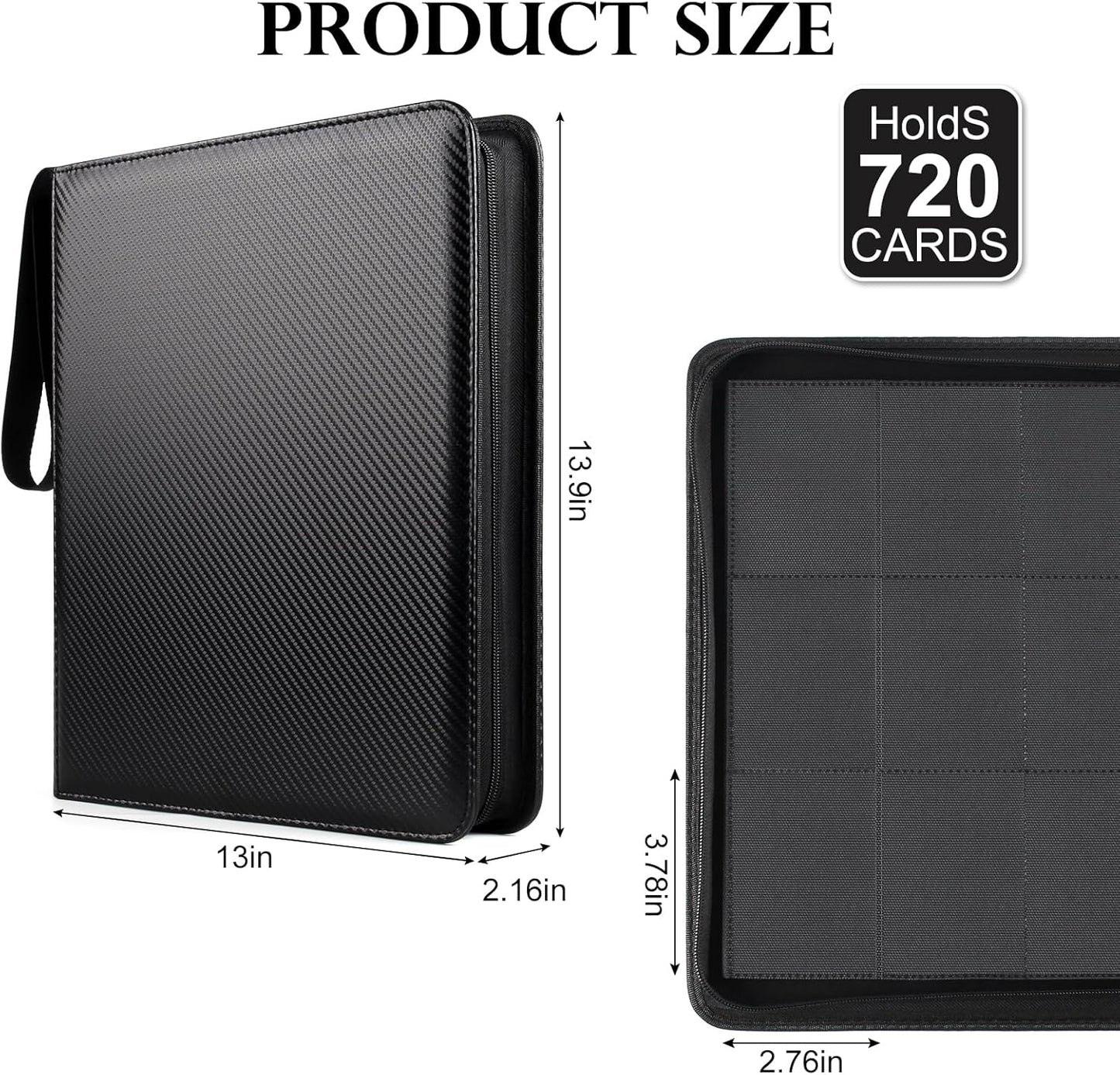 GEAoffice Trading Card Binder 12 Pocket Hold 720 Cards, Premium PU Cover Zipper Collection Binder, Ringless Side Loading Card Album Folder for YuGiOh, MTG, TCG, Game & Sports, Non-PVC, Carbon Black