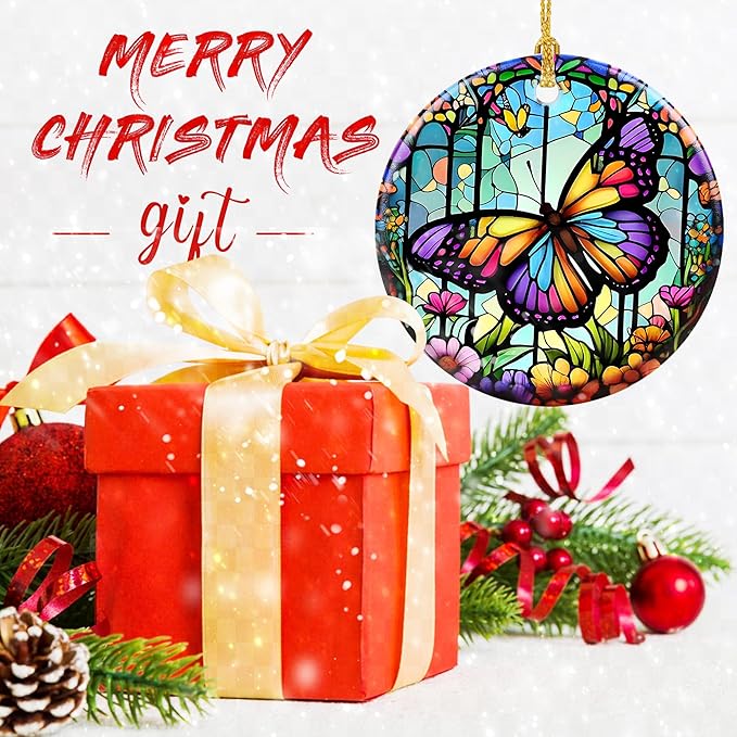 Touber Stained Ceramic Butterfly Ornament - Butterfly Christmas Ornaments - Christmas Tree Ornaments - Christmas Decorations - Butterfly Decor for Office, Room, Home - Holiday Present Ideas - A