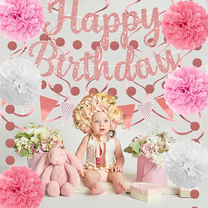 Pink Birthday Decorations, Happy Birthday Banner and Paper Pompoms, Hanging Swirls, Circle Dots Garland, Pennant Banner for Girls Women Party Decorations