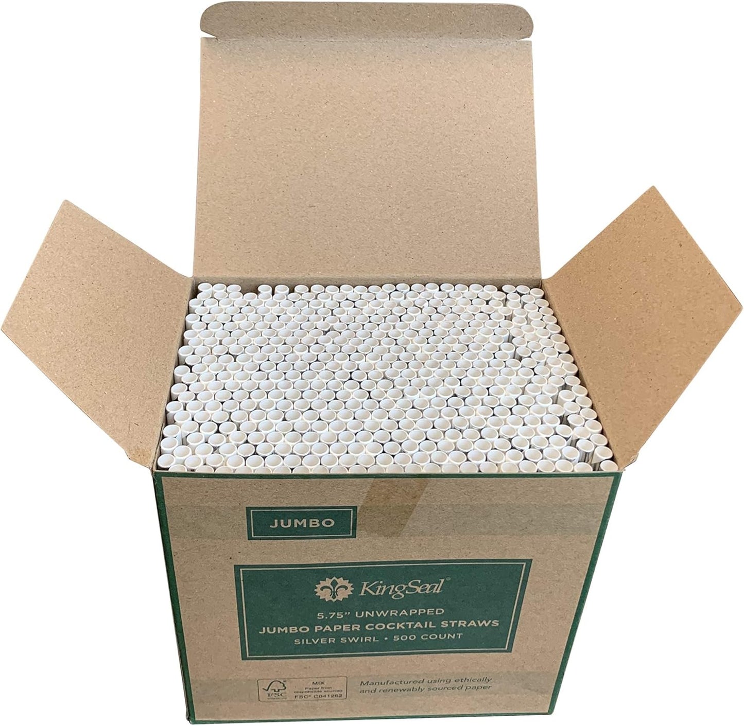 500 Count | Kingseal FSC Certified Paper Cocktail Straws, Unwrapped, 6mm x 5.75 Inches, Silver Stripe, Biodegradable, Earth Friendly, Bulk Pack - 1 Box of 500 Straws