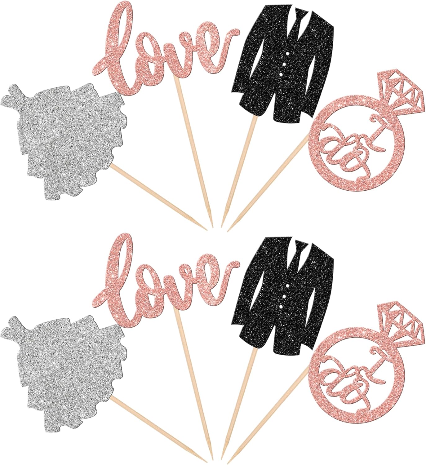 24 PCS Groom and Bride Cupcake Toppers Glitter Ring Love I Do Cupcake Picks Marriage Bridal Shower Cake Decorations for Wedding Engagement Bridal Shower Theme Party Supplies Rose Gold
