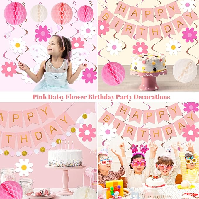 Meowtastic Pink Birthday Decorations - Happy Banner with Honeycomb Ball, Daisy Flower Hanging Swirl Streamer, Circle Dot Garland - Party Decoration for Women Girls