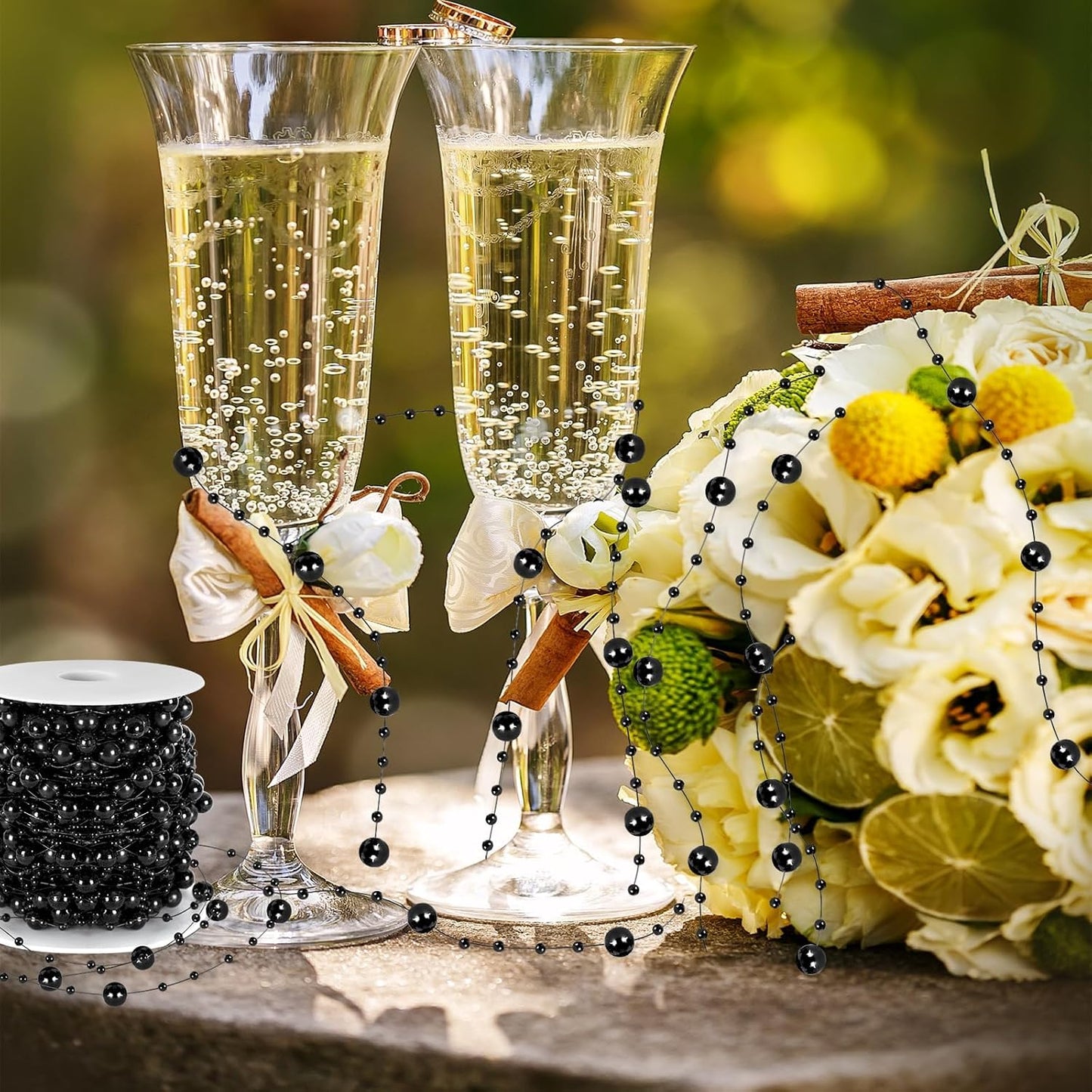 JULBEAR 131Ft Artificial Pearl Beads Garland Decoration, 1Rolls Black Pearl Strands Chain Bead Garland for Gothic Wedding Decor Bouquet Crafts Flower DIY Supplies Christmas Tree Ornaments