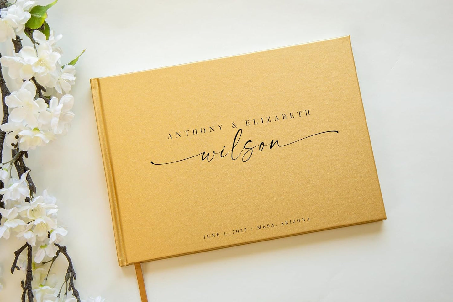 Personalized Guest Book - 11.5" x 8.5" Custom Bride & Groom Names with Bookmark and Hard Cover 140 GSM Blank Pages, for Weddings Guest Book, Engagements, Birthdays, Special Events, Gold