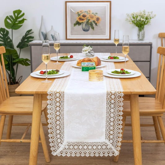 White lace Premium Rectangle Farmhouse Table Runner Waterproof OilProof SpillProof AntiShrink Soft Wrinkle Resistant Decorative Fabric Table Cover Kitchen Dinning Party Wedding Banquet