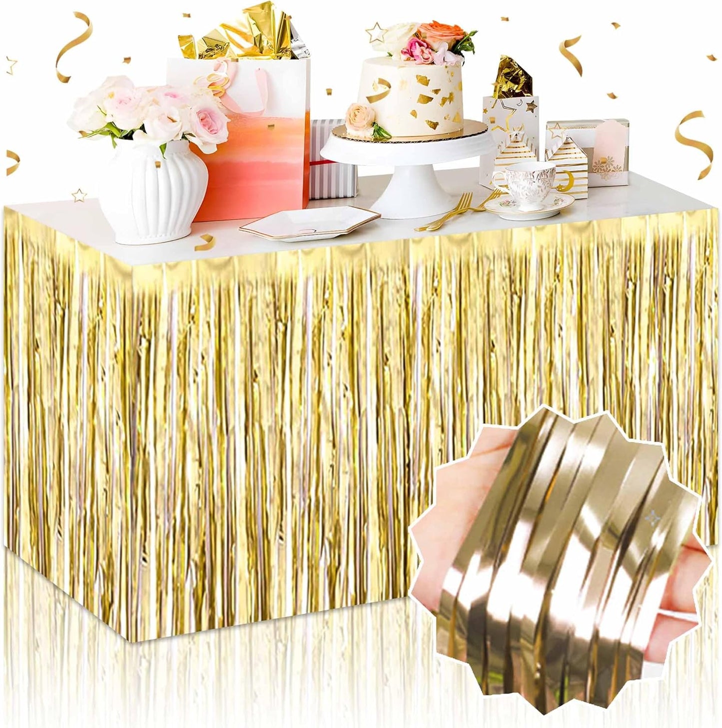 3 Pack 29 x108 Inch Light Gold Foil Fringe Table Skirts Metallic Banner for Tinsel Streamer Garland Backdrop for Parade Floats Mother's Day, Graduate, Birthday, Wedding Party Decoration