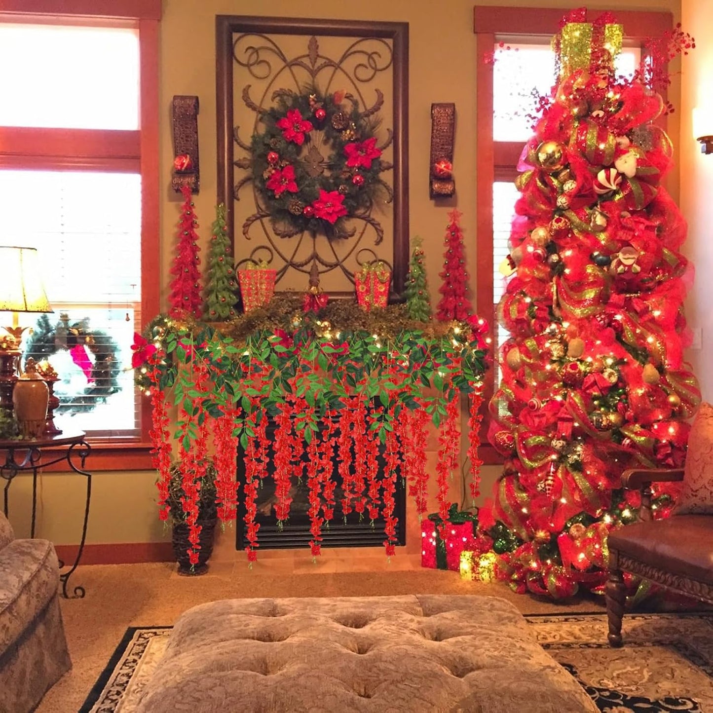 36 Pack Red Wisteria Hanging Flowers, 3.44 Ft Fake Hanging Flowers, Artificial Wisteria Garland Vines for Wedding Room Backdrop Outdoor Patio Garden Decoration