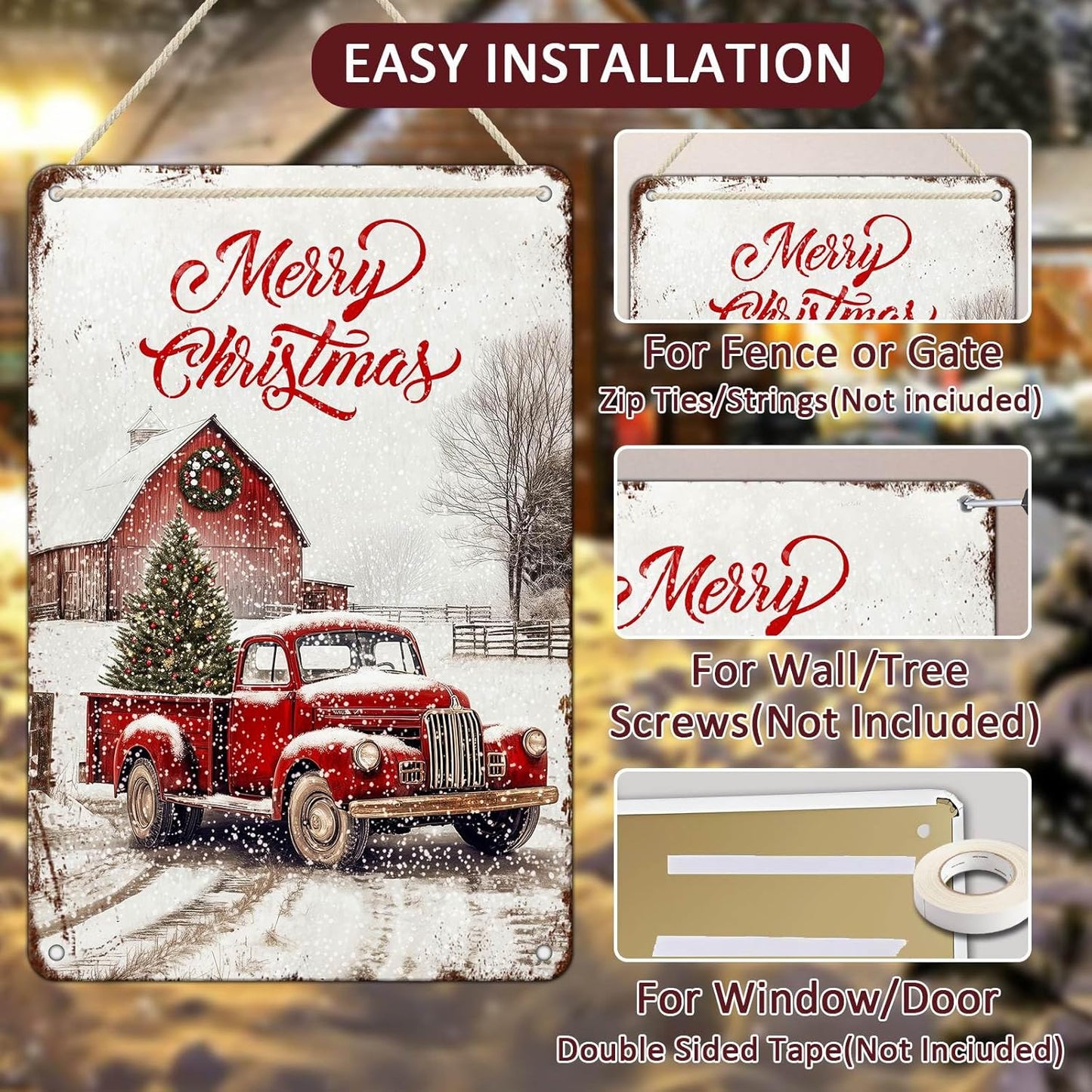 Vintage Christmas Red Truck Tin Sign Merry Christmas Truck Christmas Tree Metal Tin Sign Winter Rustic House Yard Xmas Pickup Holiday Wall Decorations Tin Sign 8x12Inch