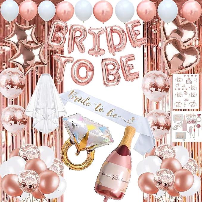 Bachelorette Party Decorations – 82 PCS Rose Gold Bride to Be Set with Foil Balloons, Confetti Balloons, Photo Props, Bride Sash, Veil, Champagne Balloon & Foil Curtain for Bridal Shower