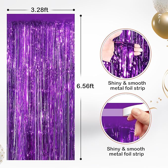 2 Pack Purple Metallic Tinsel Foil Fringe Curtains, Door Streamers Photo Booth Backdrop for Birthday Party, Tinsel Curtain Backdrop for Baby Shower Bachelorette Christmas Party Decorations