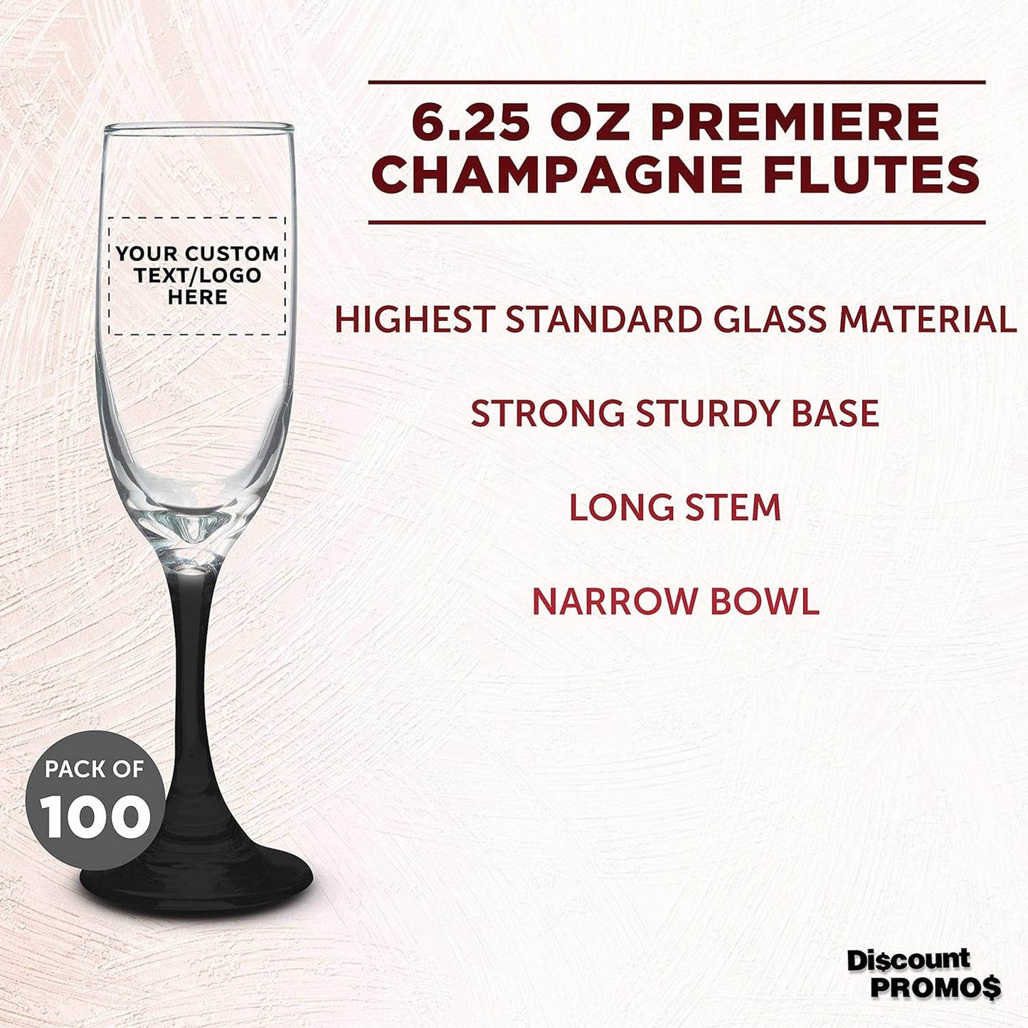 DISCOUNT PROMOS Custom Premiere Champagne Flutes 6.25 oz. Set of 100, Personalized Bulk Pack - Elegant Drinkware for Weddings, Events, & Promotional Gifts - Black