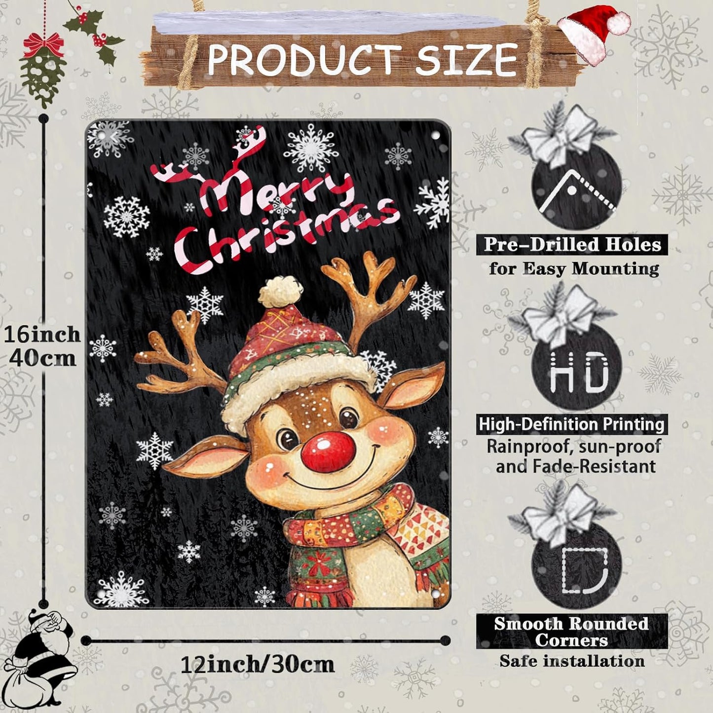 Merry Christmas Reindeer Metal Tin Sign - Funny Christmas House Decoration 12x16Inch for Outdoor and Indoor Use