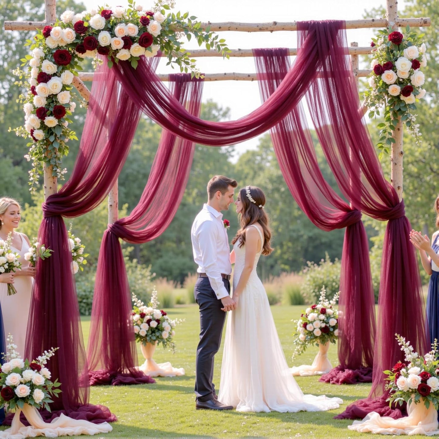 Wedding Arch Draping Fabric Backdrop 2 Panel 60" x 26Ft Burgundy Drapes Curtains for Wedding Reception Sheer Tulle Backdrop Curtain for Ceremony Birthday Party Baby Shower Arbor Ceiling Decorations